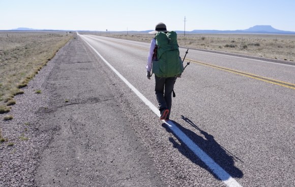 Walking Highway 60 into Pie Town, NM.