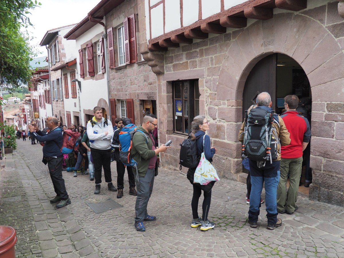 Waiting at the Pilgrim Office in Saint Jean Pied de Port, France.